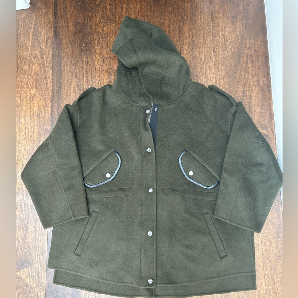 Maje wool blended coat with leather details. Military green color. Size 1.